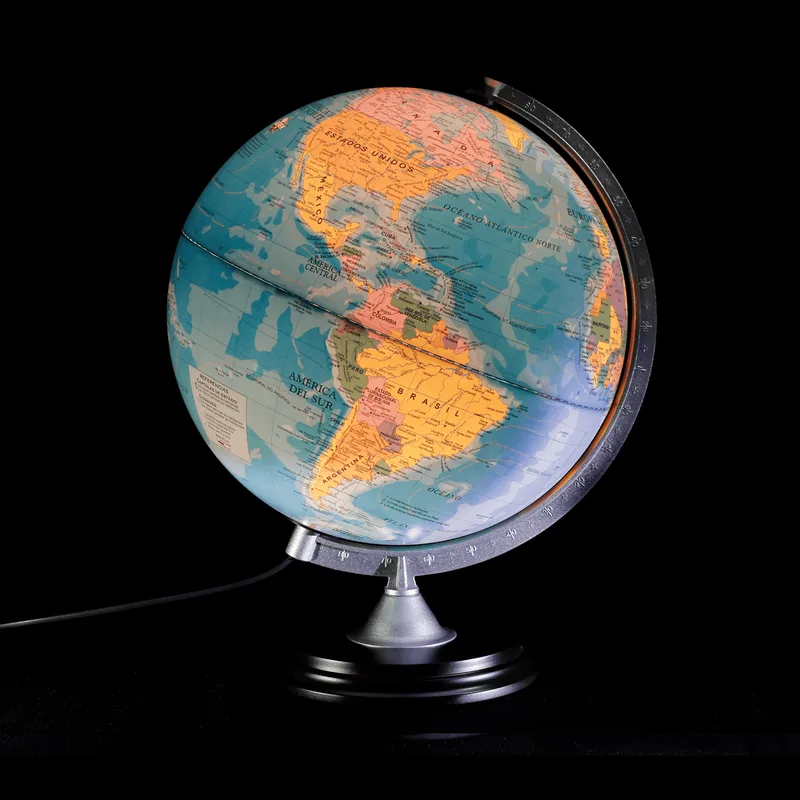 Globo terráqueo 25 cm celeste con luz madera y meridiano plateado