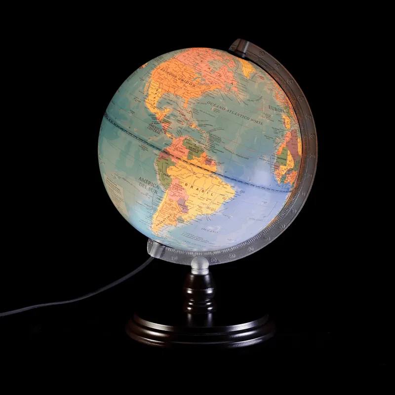 Globo terráqueo 30 cm celeste con luz madera y meridiano plateado
