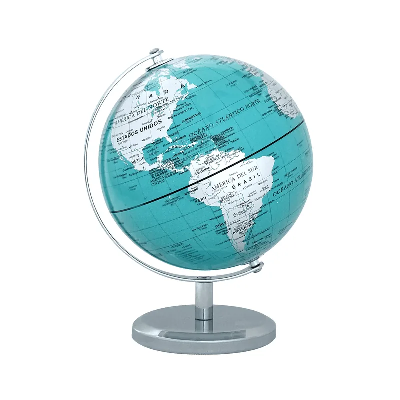 Globo terráqueo 14 cm base de metal turquesa y plata