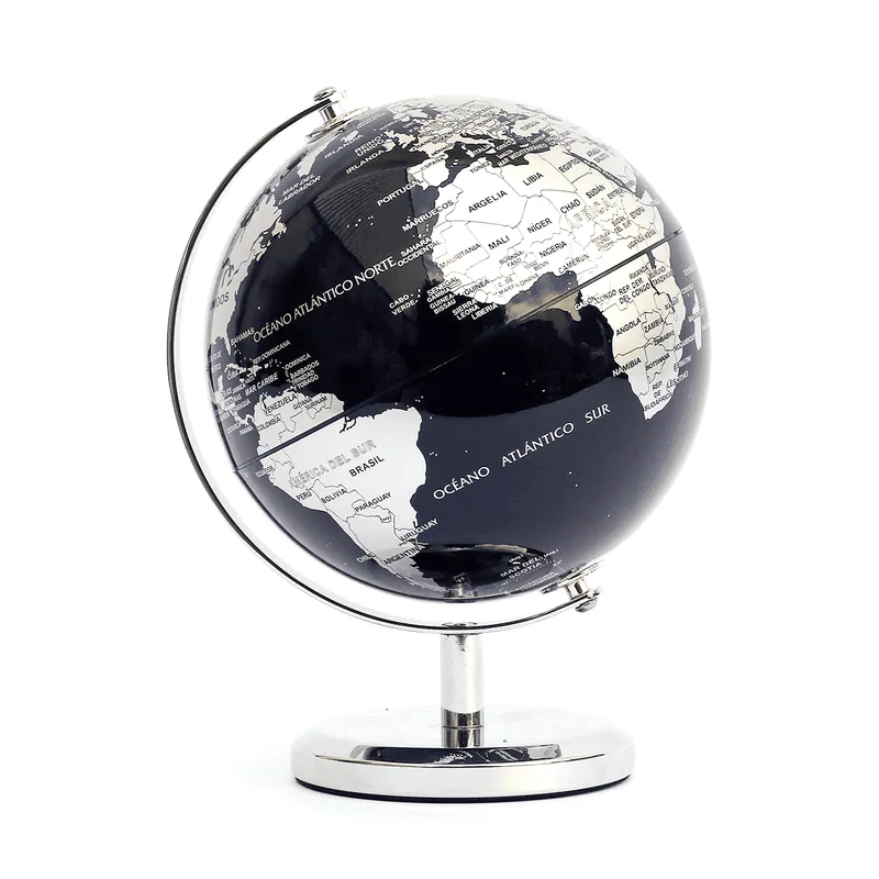 Globo terráqueo 14 cm base de metal negro y plata