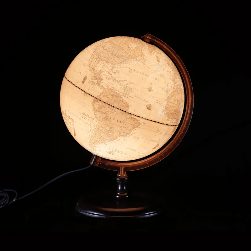 Globo terráqueo 30 cm antiguo con luz base de madera