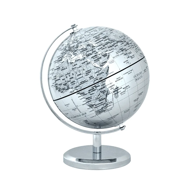 Globo terráqueo 14 cm base de metal gris plata