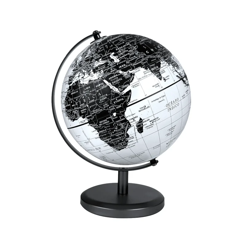 Globo terráqueo 14 cm base de metal blanco y negro