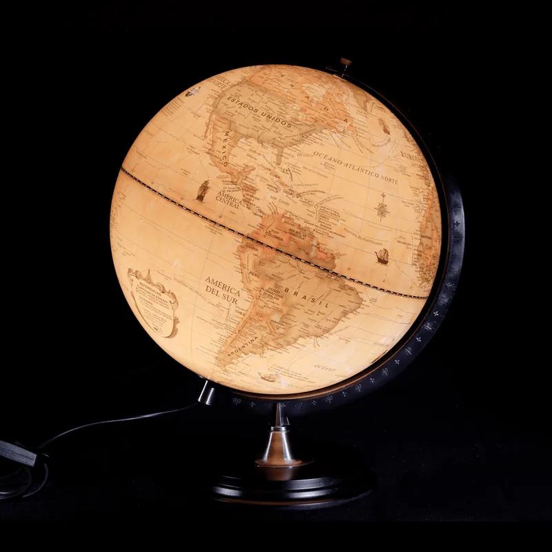 Globo terráqueo 25 cm antiguo con luz madera y meridiano de metal