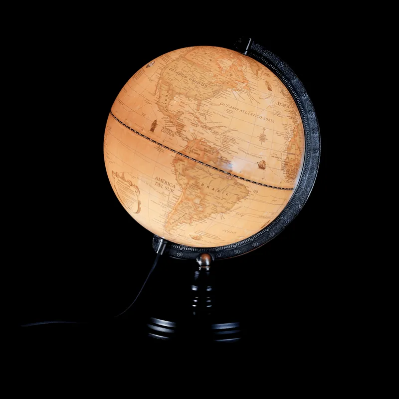 Globo terráqueo 30 cm antiguo con luz madera y meridiano de metal