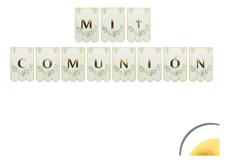 Banderin Con Stamping Mi Comunion Hojas De Olivo Color Blanco Banderin Stamping