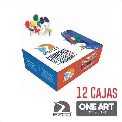 Chinches de Colores Ezco Pack con 12 Cajas de x 50, Metal Forrado