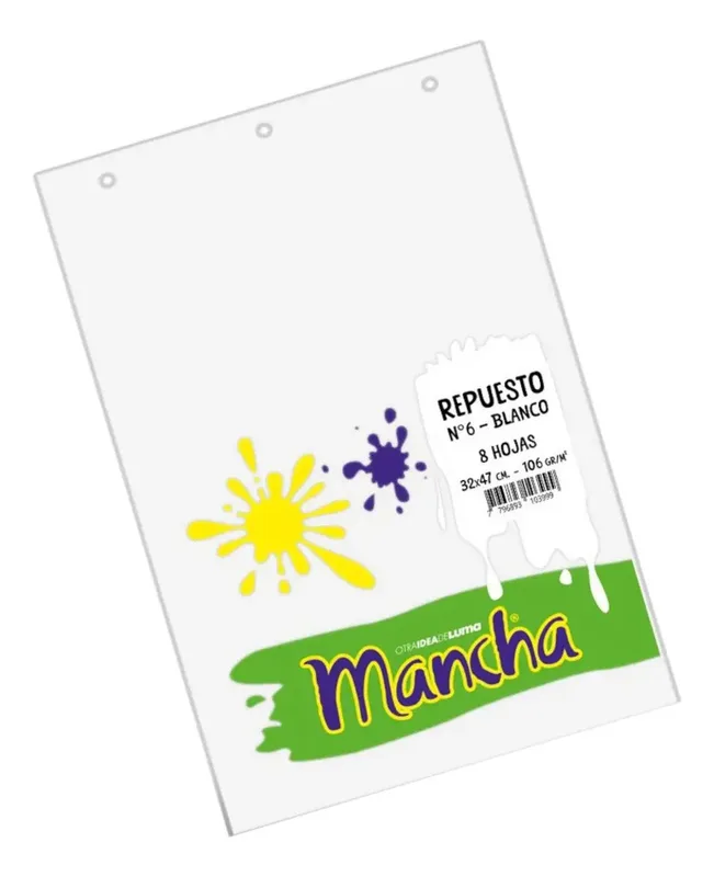 5 Repuesto de Dibujo Liso Mancha N°6 8 Hojas Blancas 106g 32x47 cm con 3 Agujeros
